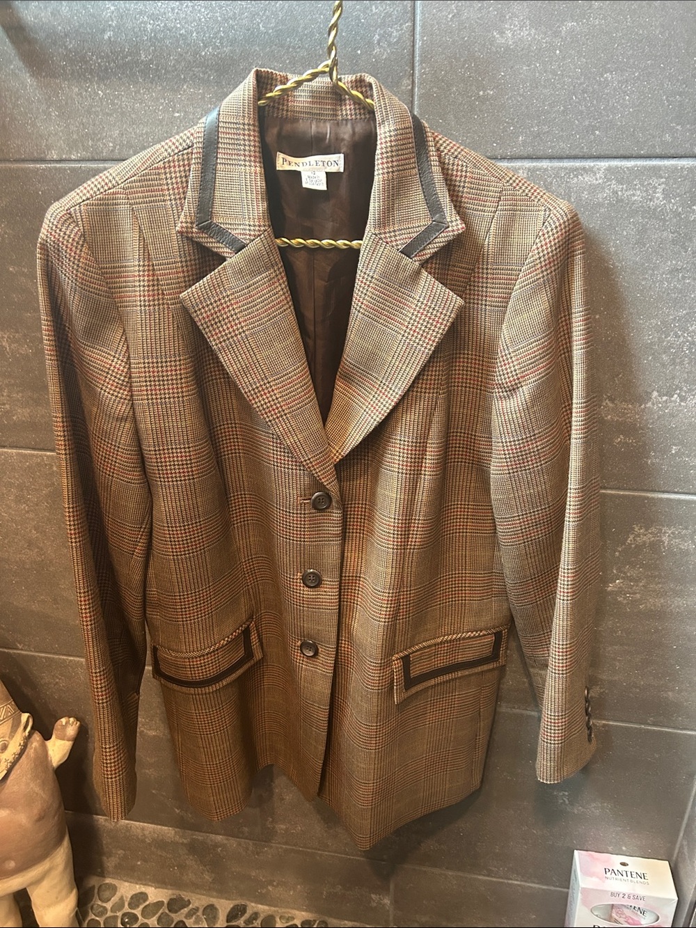 Ladies Pendleton Brown Plaid Wool Blazer with Red, Blue, Green, Peach thread